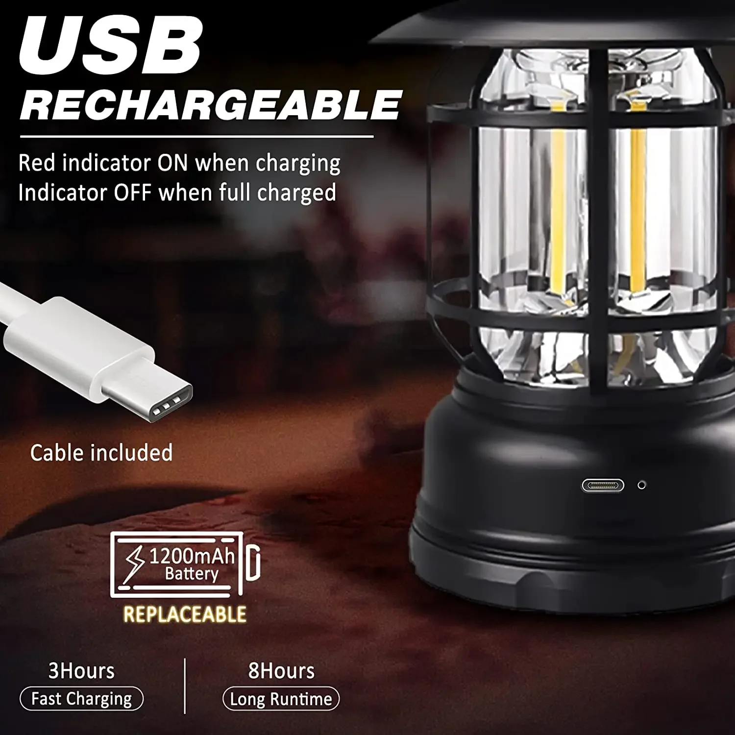 Rechargeable Camping Lantern Stepless Dimming COB Portable Waterproof for Hiking Fishing Emergency Home Power Outages Indoor Out - Image 3