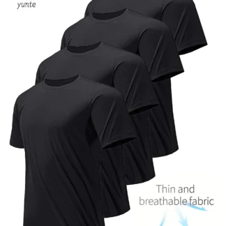 Round Neck T-Shirt 4-Pack Black Ultra-Light Men's Quick Drying Breathable Sweat-Absorbent Shirt Suitable for Fitness Gym and Run