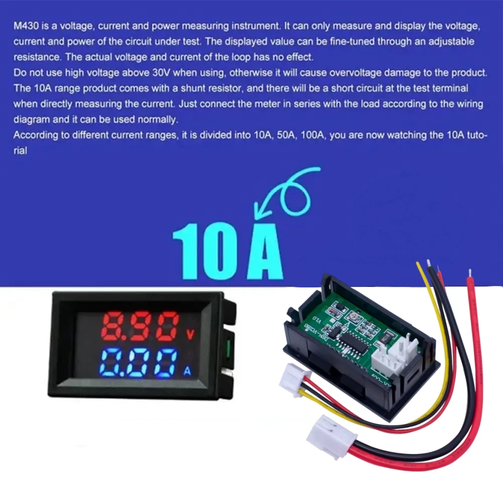 Digital Voltmeter Ammeter DC 100V 10A Amp Voltage Current Meter Tester 0.28 Inch Dual LED Display Panel with Connect Wires - Image 4