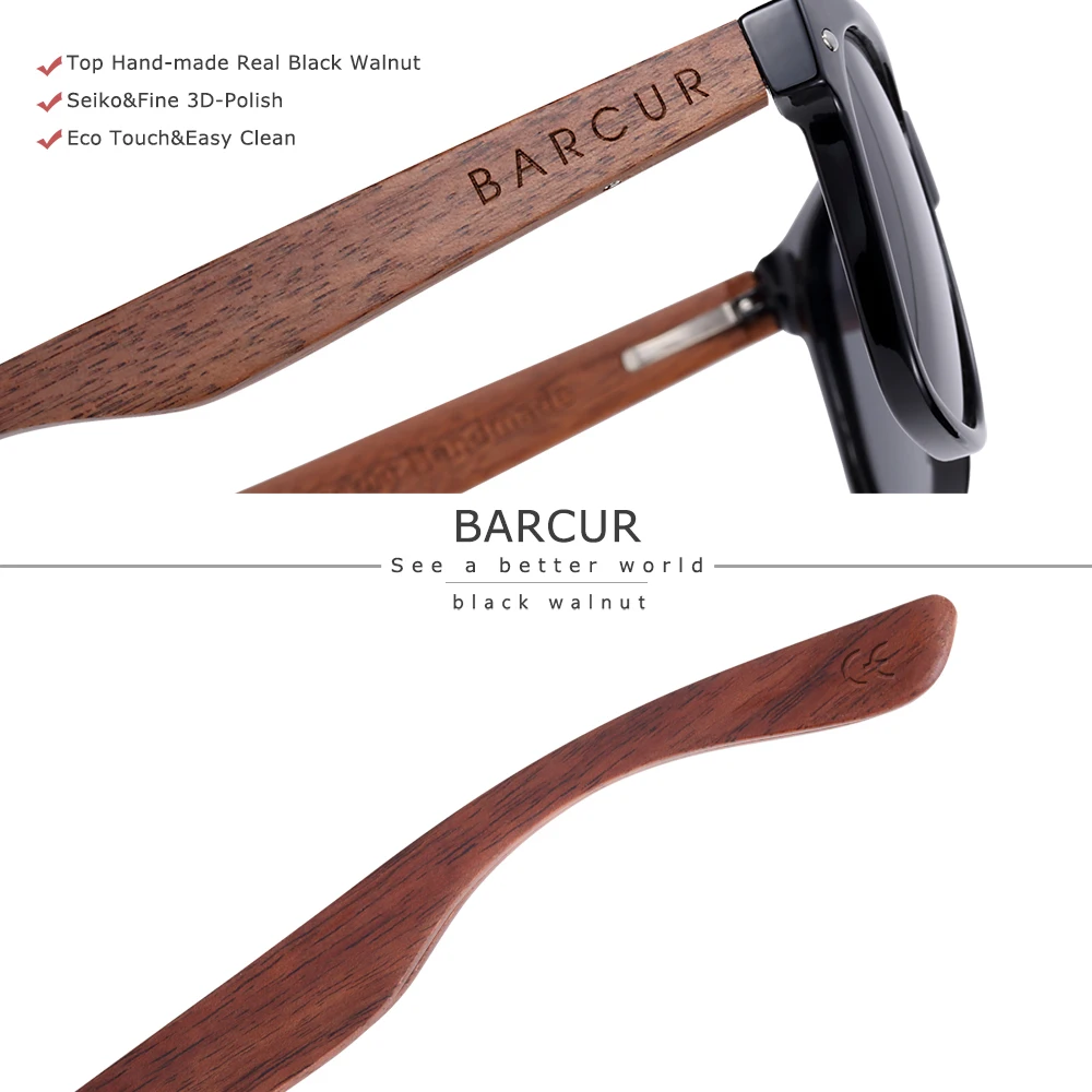 BARCUR Black Walnut Wood Sunglasses for Man Polarized High Quality Sqare Sun Glasses Men UV400 Eyewear Accessory Original Box - Image 3