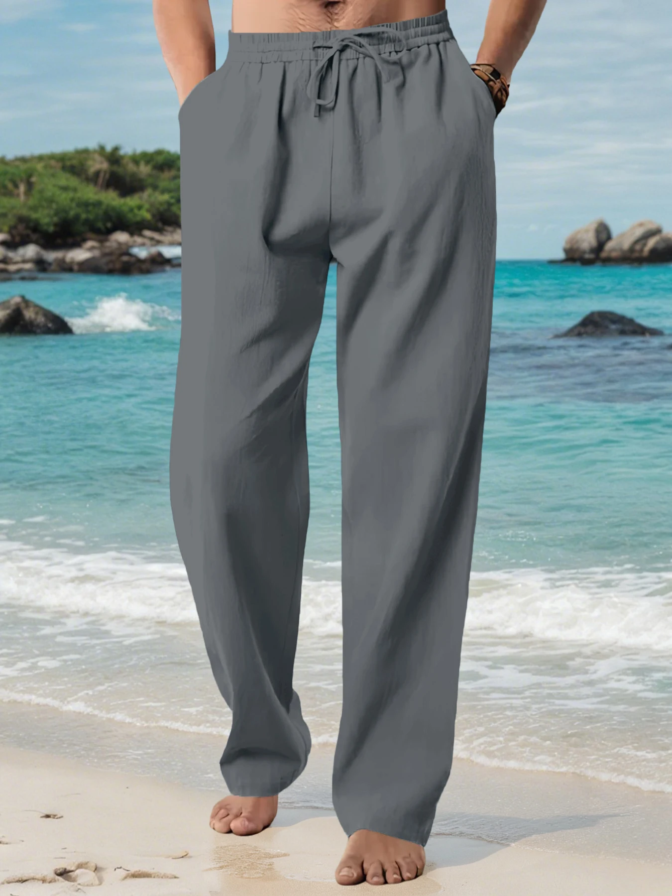 Men's Cotton Linen Casual Long Pants Summer Loose Breathable Beach Pants Solid Color Drawstring Elastic Waist Male Trousers - Image 4