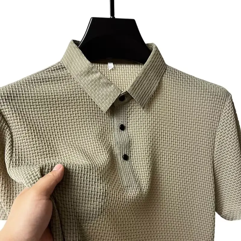 Summer New Men's Lop-up Hollow Short-sleeved Polo Tee Shirt Ice Silk Breathable Business Fashion T-Shirt Male Brand Clothes - Image 3
