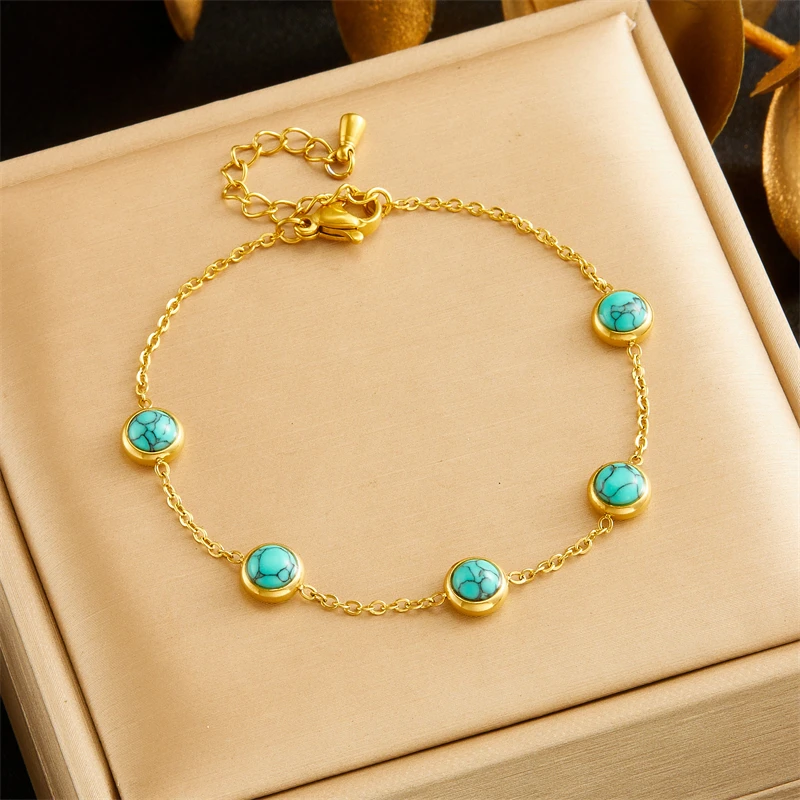 DIEYURO 316L Stainless Steel Round Turquoise Necklace Bracelet Earrings Suit For Womens 2024 New TrendNon-fadingjewelry Set - Image 6