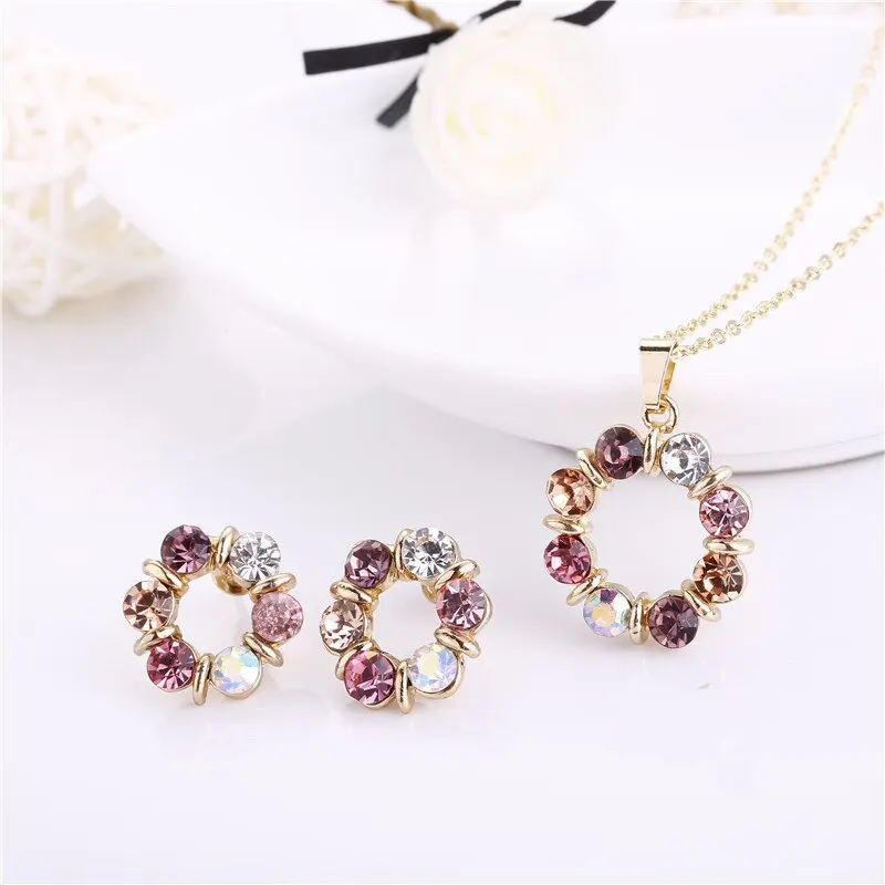 3pcs Gold Necklace Earrings Set Ladies Celebrity Simple Fashion Style Exquisite Stained Glass Diamond Circle Shape Jewelry - Image 5