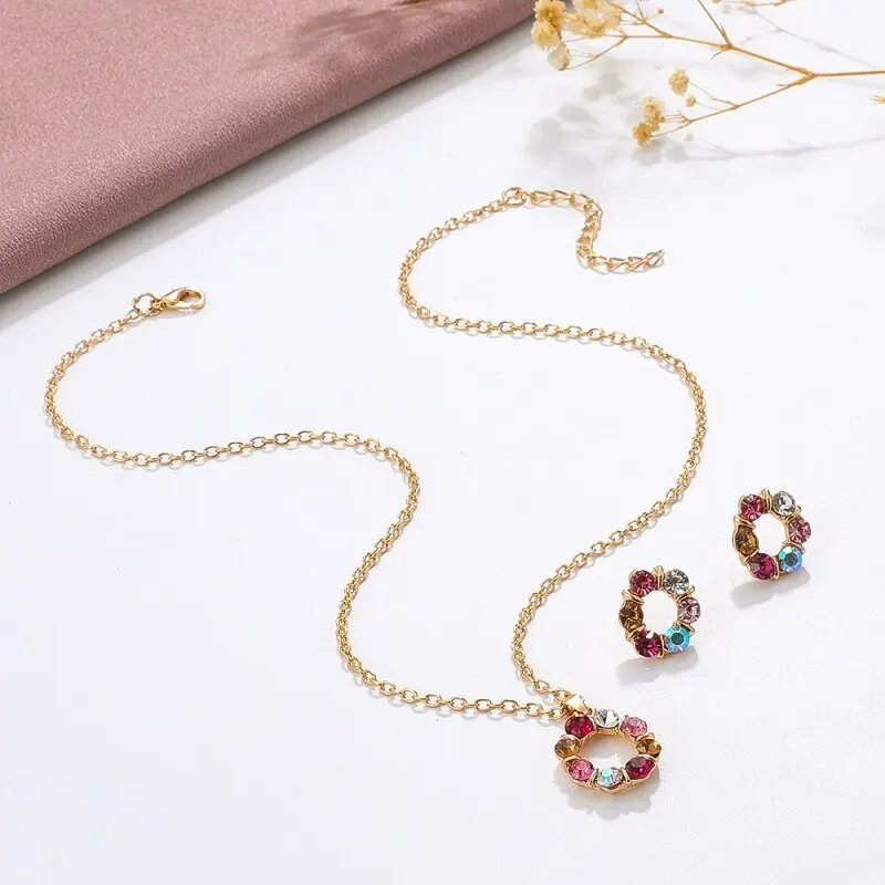 3pcs Gold Necklace Earrings Set Ladies Celebrity Simple Fashion Style Exquisite Stained Glass Diamond Circle Shape Jewelry - Image 2