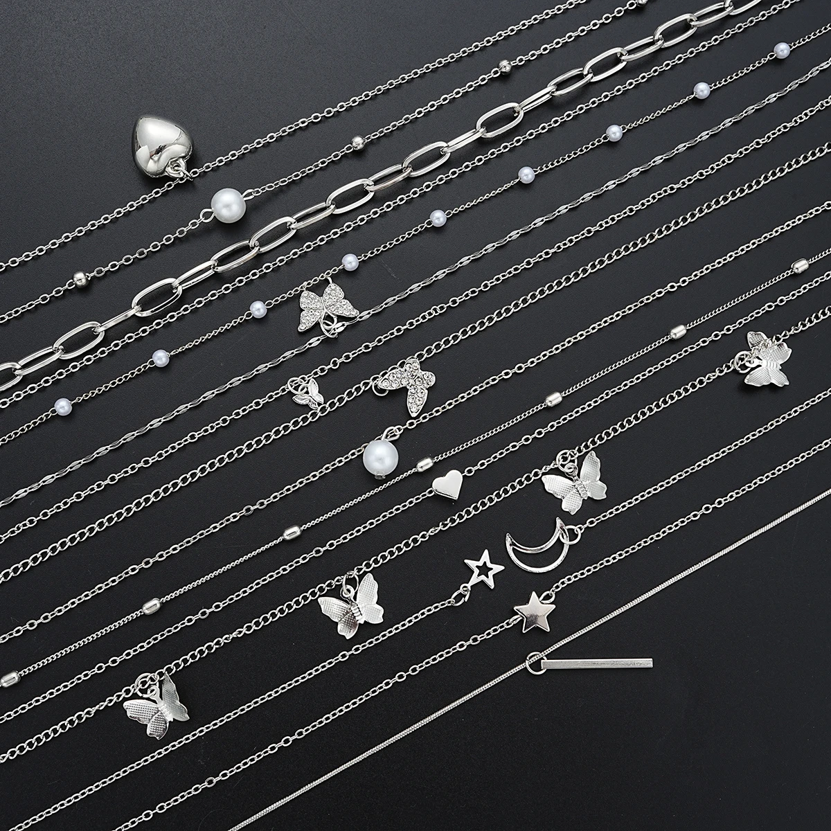 13Pcs/Set Simple Temperament Necklace Set Butterfly Pearl Heart Star Zircon Silver Color Necklace for Women Fashion Jewelry Gift - Image 4