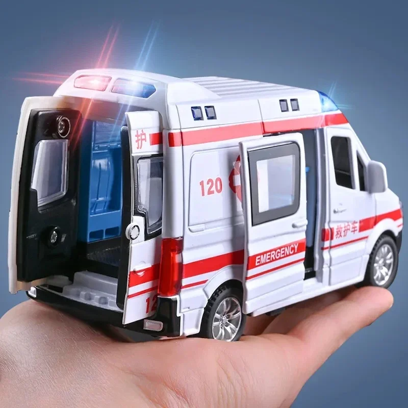 1:32 Hospital Rescue Ambulance Police Diecast Car Model with Pull Back Sound Light Toys Gifts BoysToy Car Gift for Kids - Image 4