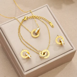 4Pcs/Set Gold Color Stainless Steel Crystal Necklace Bracelet Earrings for Women Interlocking Circles Roman Numbers Jewelry Sets
