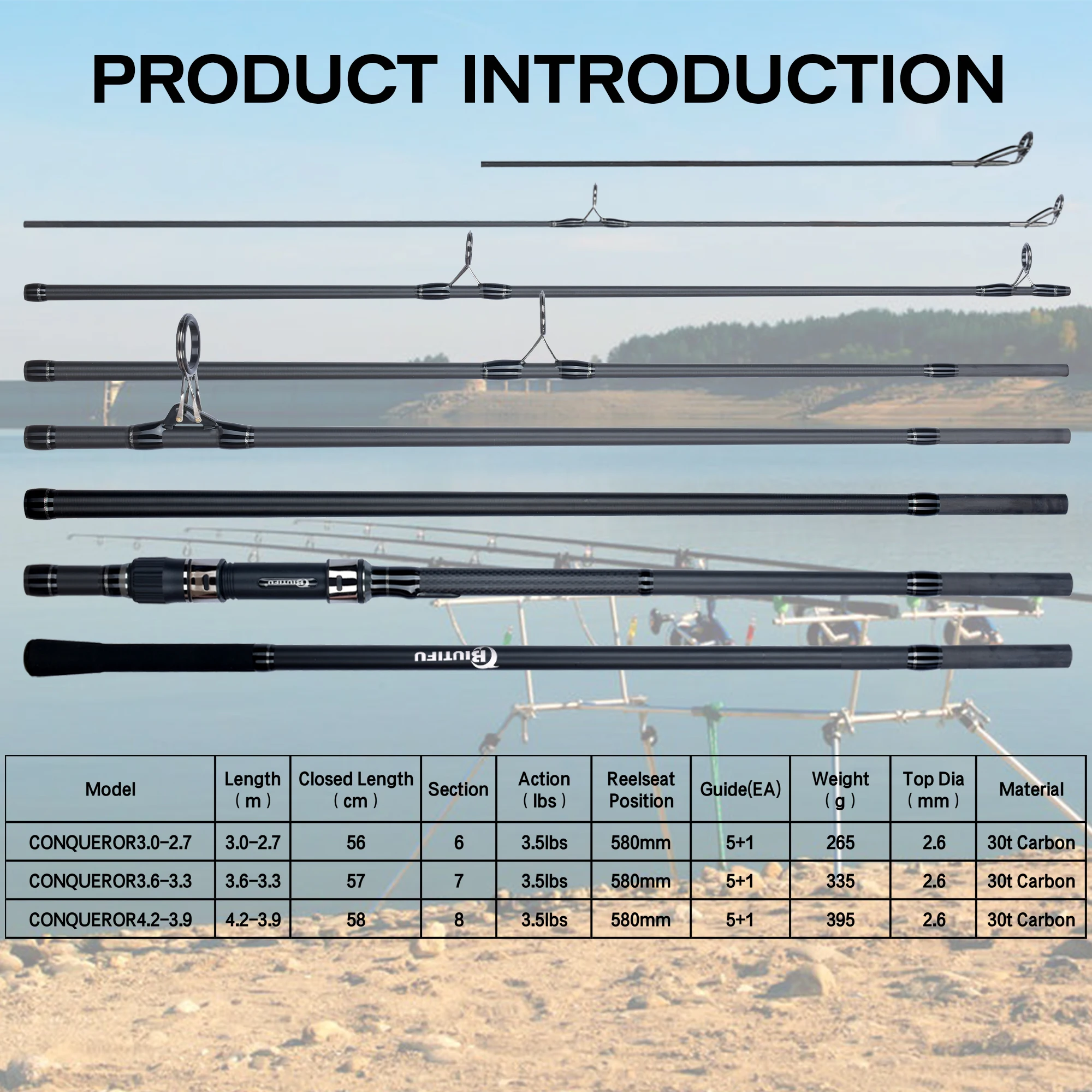 BIUTIFU 2Tips Carp Fishing Rod 3.5lb 7Sections 4.2/3.6/3.0m 30t Carbon Fiber Travel Throwing 60-150m Shore Casting Spinning Pole - Image 2