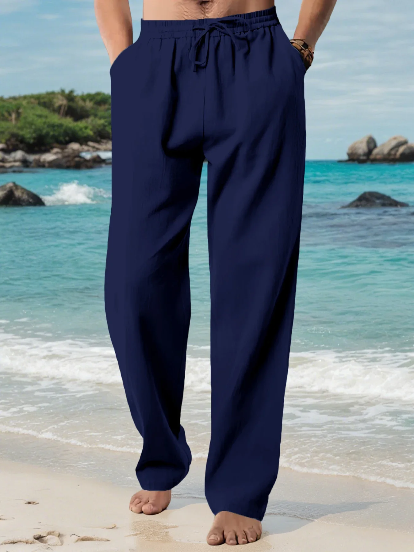 Men's Cotton Linen Casual Long Pants Summer Loose Breathable Beach Pants Solid Color Drawstring Elastic Waist Male Trousers - Image 8