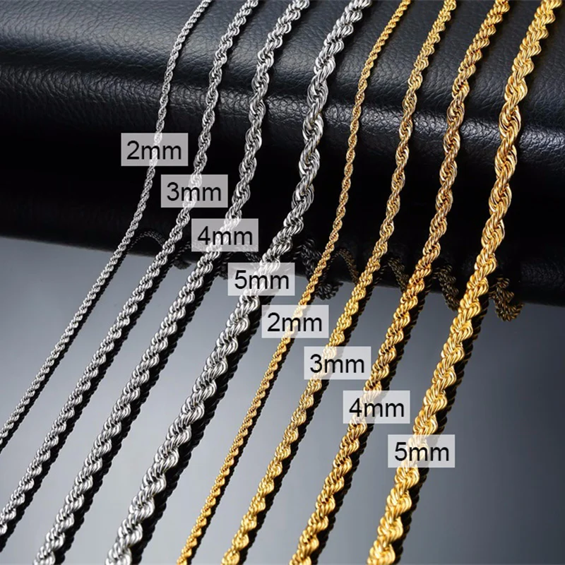 Ropes Long Necklace for Men Women,Stainless Steel Minimalist Twist Rope Chain Necklace,Punk Gold Silver Black Color 2 TO 5mm - Image 2
