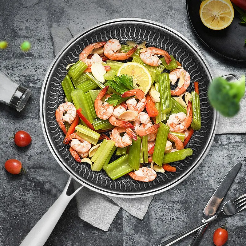 Whole Body Tri-Ply Stainless Steel Frying Pan 316 Stainless Steel Wok Pan Double-sided Honeycomb Skillet Suitable for All Stove - Image 3