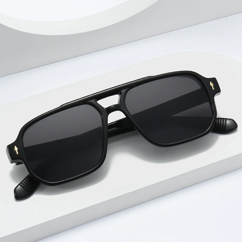 SO&EI Vintage Double Bridges Men Square Sunglasses Fashion Clear Ocean Lens Eyewear Women Trending Rivets Sun Glasses UV400 - Image 3