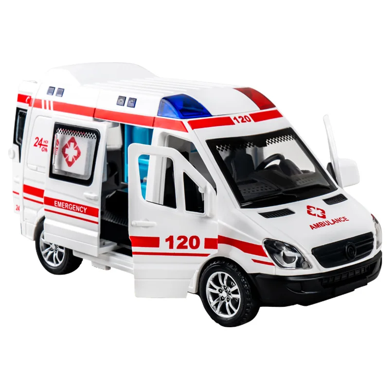 1:32 Hospital Rescue Ambulance Police Diecast Car Model with Pull Back Sound Light Toys Gifts BoysToy Car Gift for Kids - Image 5