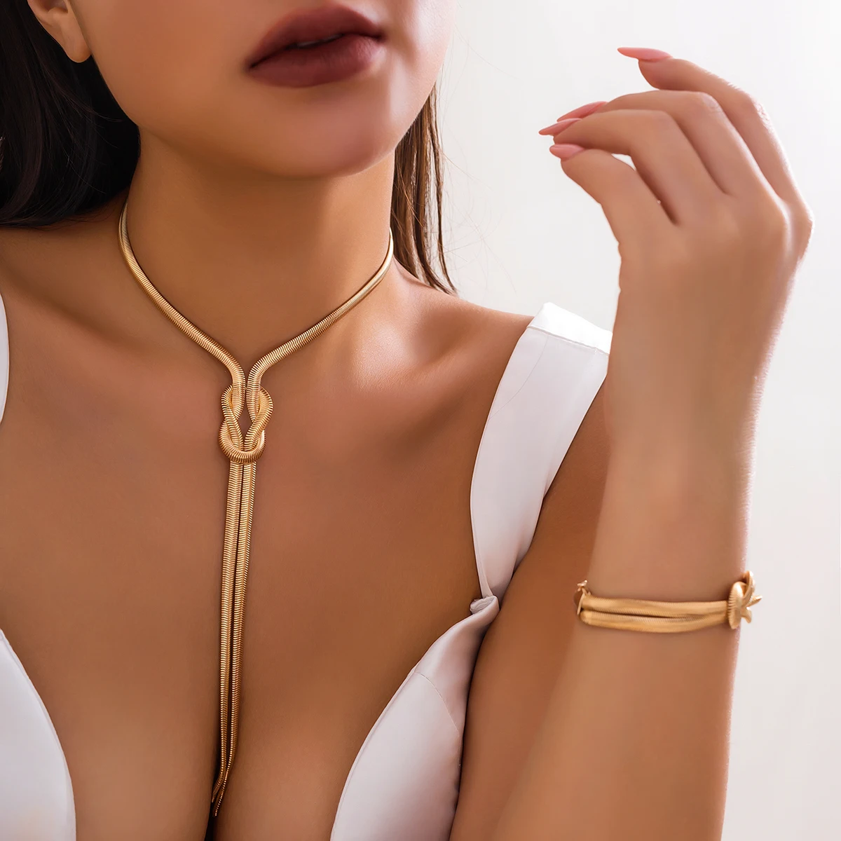 2Pcs/Set Sexy Smooth Long Snake Twisted Chain Necklace Bracelet for Women Vintage Goth Tassel Choker Y2K Jewelry Accessories New - Image 3