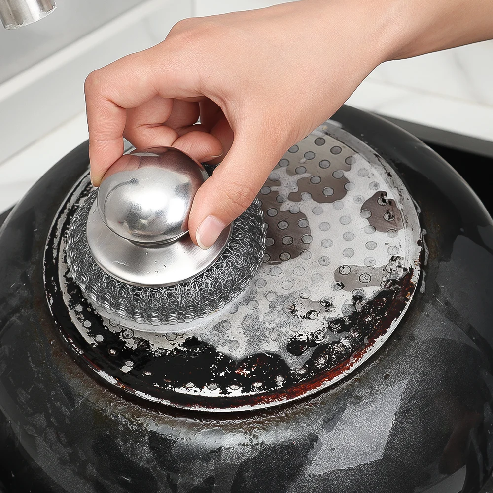1-10PCS Stainless Steel Pot Brush with Handle Heavy Duty Dishwashing Wire Ball Metal Scrubber for Home Kitchen Cleaning Tool - Image 3