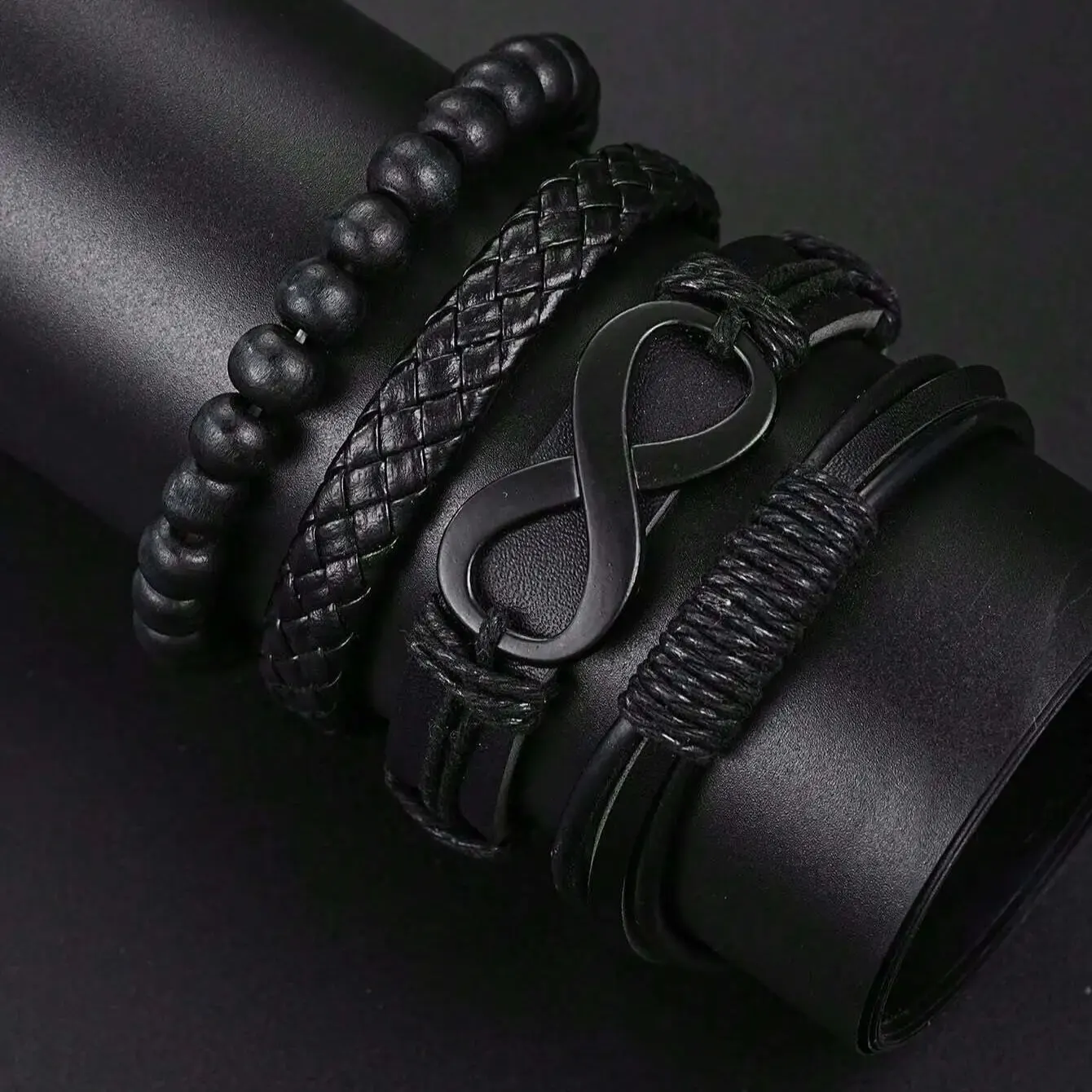 6pcs_Set Fashionable Pu Leather '8' Shape Beaded Bracelet With Mechanical Watch, Cross Pendant Necklace For Men, Black-Colored - Image 3