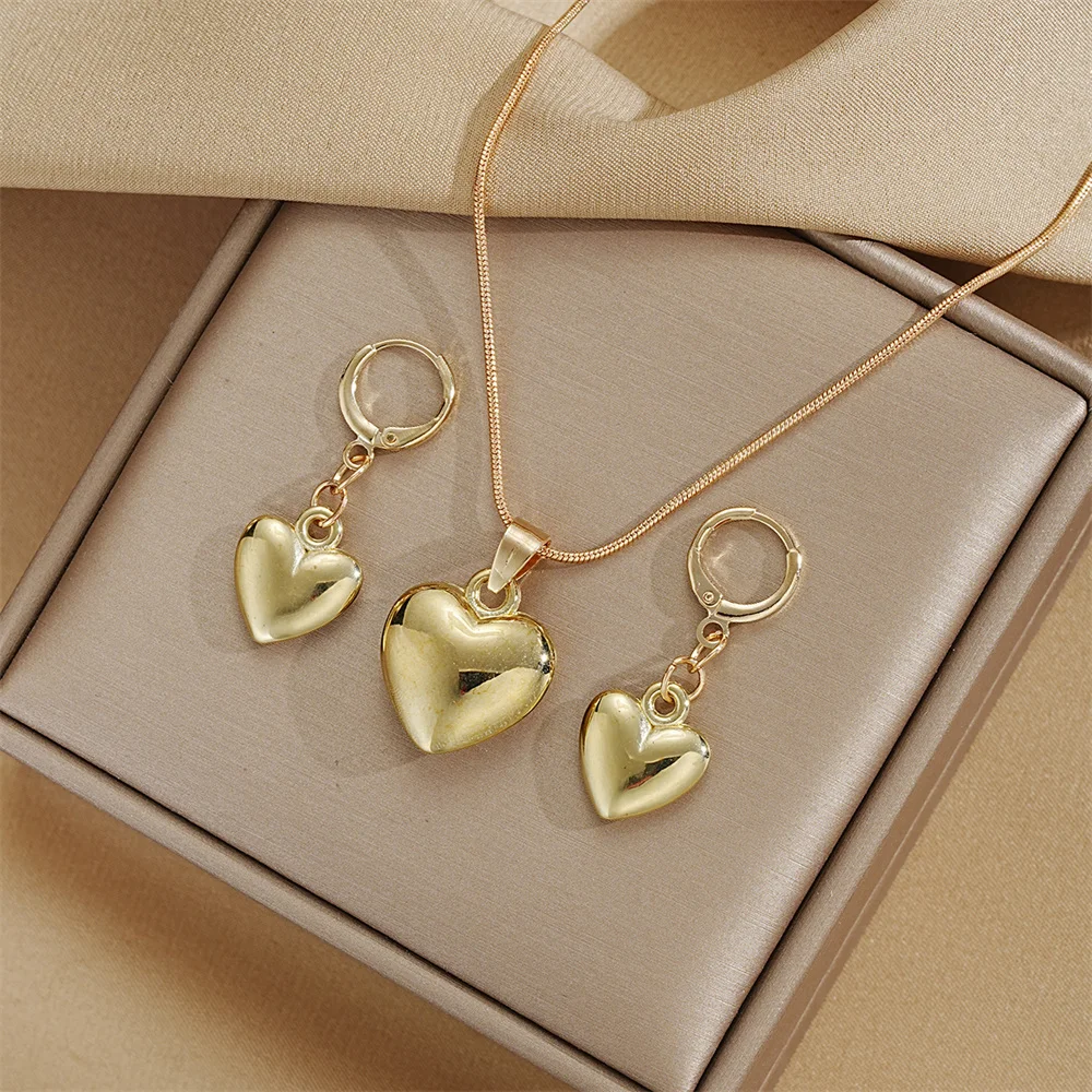 Glossy Gold Plated Metal Love Heart Dangle Earrings Necklace Jewelry Set for Women Simple Dainty Daily Wear Outfit Accessories - Image 5