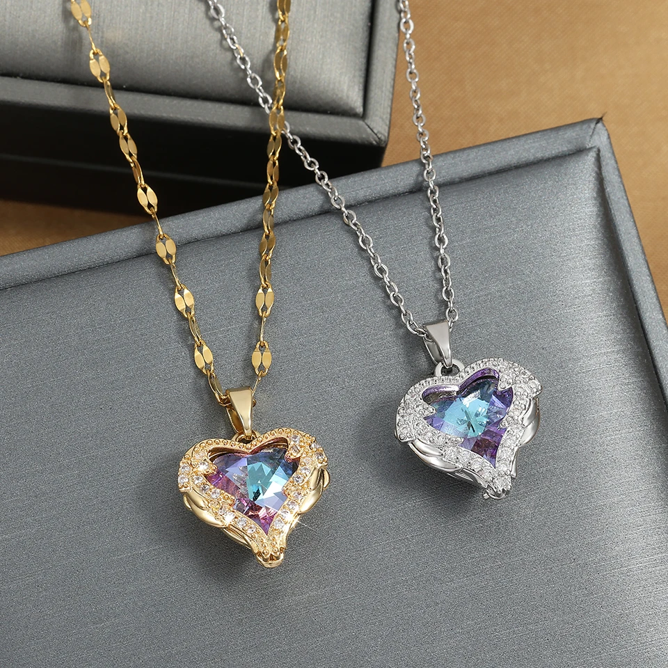 ZAKOL Gorgeous Colorful Zircon Love Heart Pendant Necklace For Women Fashion Stainless Steel Neck Chain Jewelry Gift - Image 3