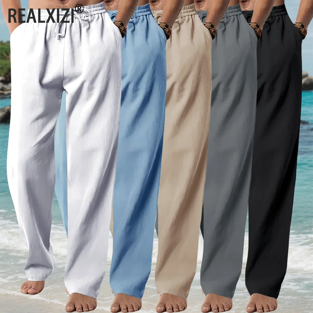 Men's Cotton Linen Casual Long Pants Summer Loose Breathable Beach Pants Solid Color Drawstring Elastic Waist Male Trousers
