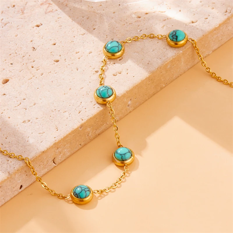 DIEYURO 316L Stainless Steel Round Turquoise Necklace Bracelet Earrings Suit For Womens 2024 New TrendNon-fadingjewelry Set - Image 4