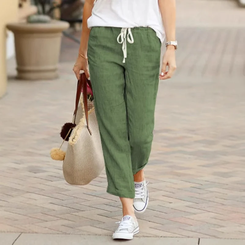 Elegant Solid Drawstring Straight Pants Fashion Women Y2K Pocket Loose Cotton Elastic Waist Baggy Pant Casual Sweatpant Trousers - Image 3