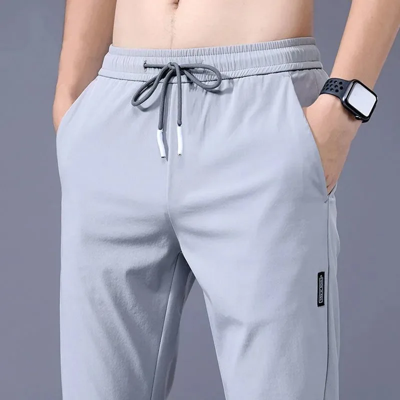 Ice Silk Men's Pants 2024 Summer New Black Gray Thin Business Casual Pants Outdoor Elastic Breathable Straight Leg Sweatpants - Image 2