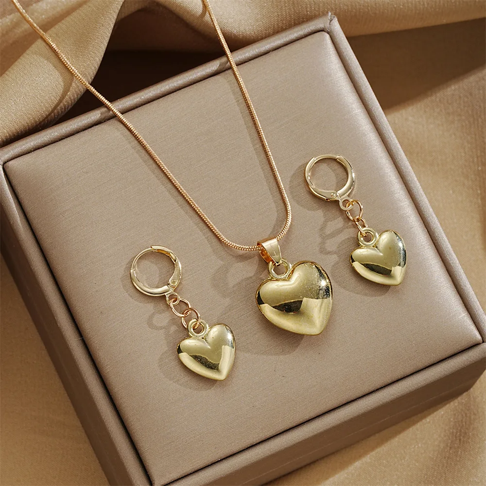 Glossy Gold Plated Metal Love Heart Dangle Earrings Necklace Jewelry Set for Women Simple Dainty Daily Wear Outfit Accessories - Image 6