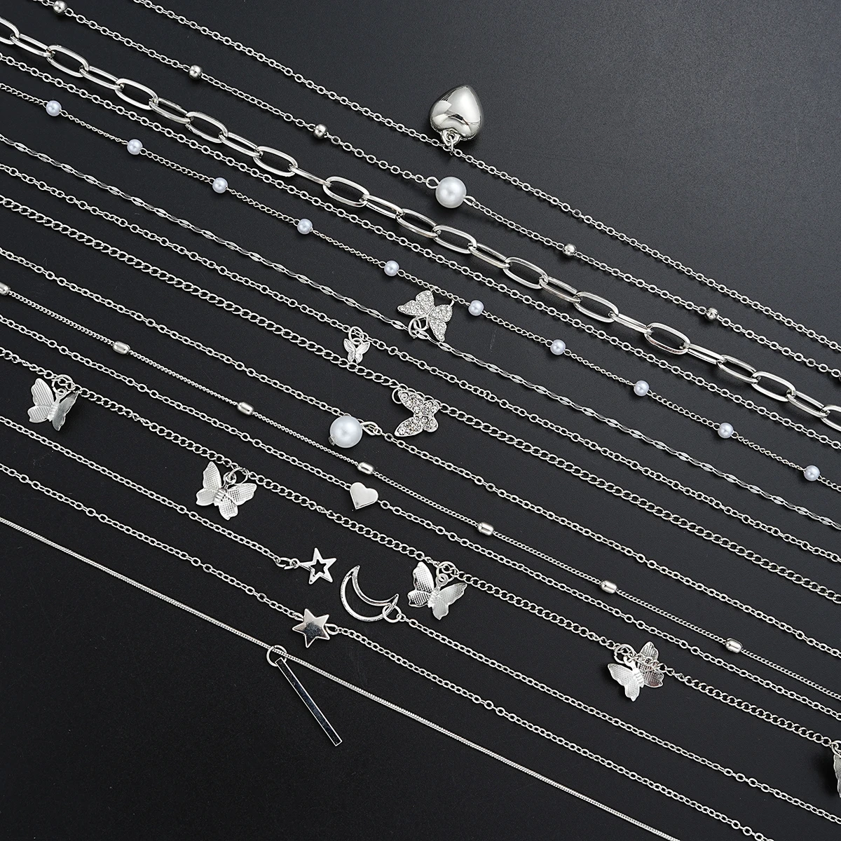 13Pcs/Set Simple Temperament Necklace Set Butterfly Pearl Heart Star Zircon Silver Color Necklace for Women Fashion Jewelry Gift - Image 5