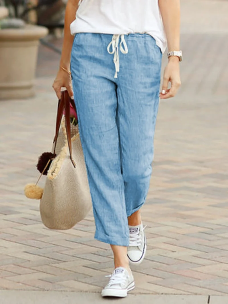 Elegant Solid Drawstring Straight Pants Fashion Women Y2K Pocket Loose Cotton Elastic Waist Baggy Pant Casual Sweatpant Trousers - Image 5