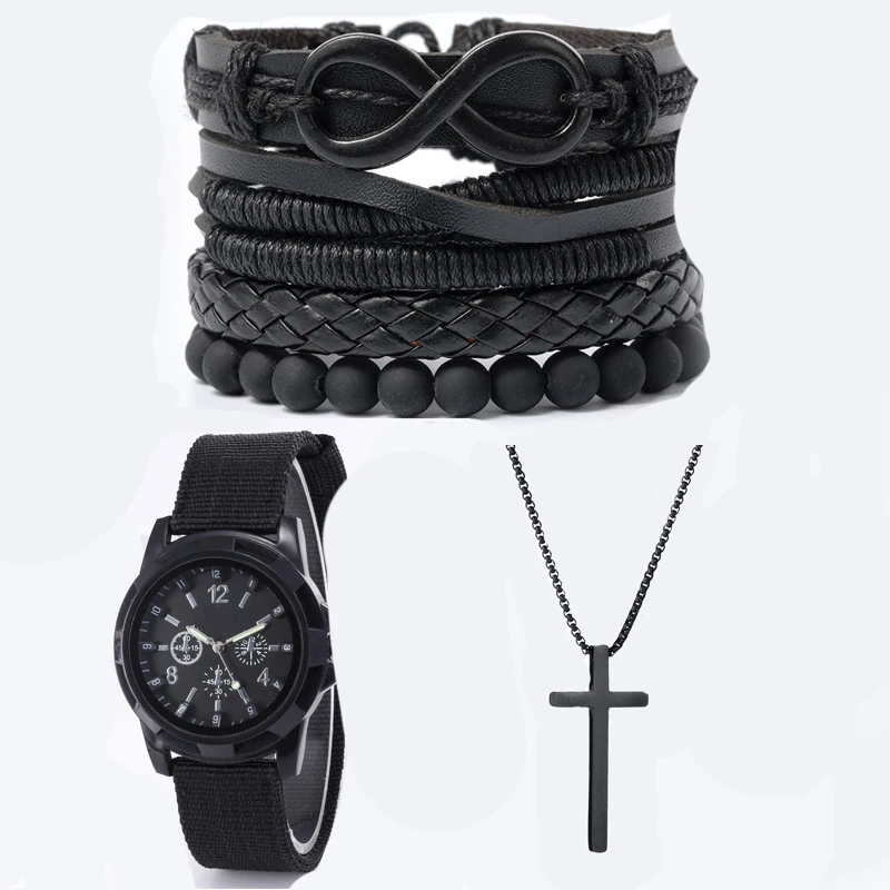 6pcs_Set Fashionable Pu Leather '8' Shape Beaded Bracelet With Mechanical Watch, Cross Pendant Necklace For Men, Black-Colored - Image 6