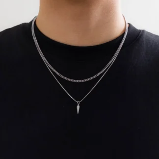 2pcs/set Rivet Pendant Thin Snake Chain Necklace for Men Punk Silver Color Cuban Link Chain Choker