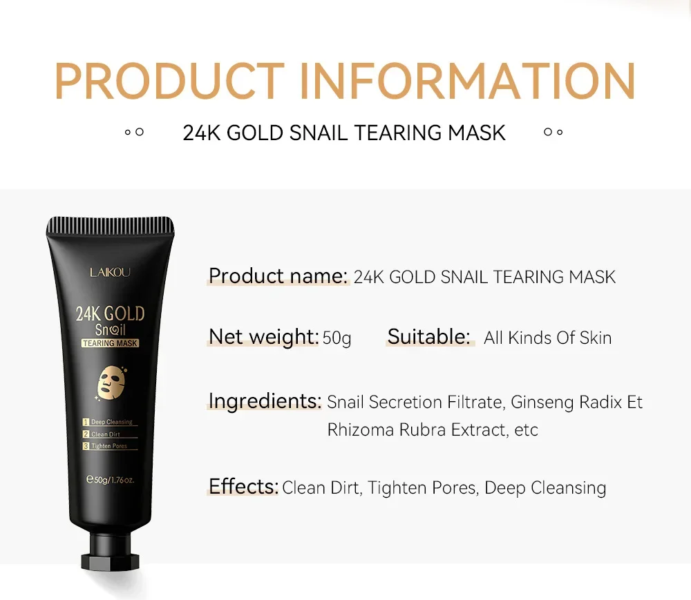 LAIKOU 24K Gold SNAIL TEARING Mask Deep Cleansing Remove Blackhead Face Care 50g - Image 5