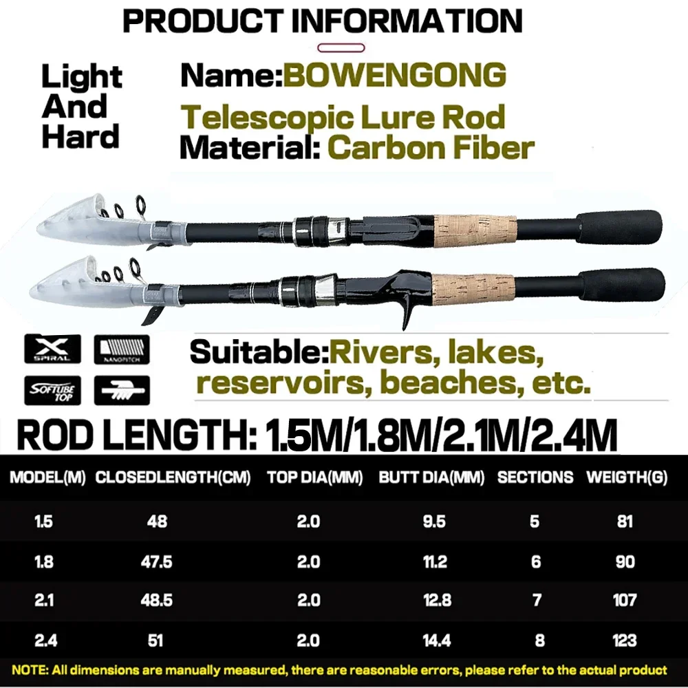 Telescopic Lure Rod 1.5M 1.8M 2.1M 2.4M Carbon Spinning Rod Baitcasting Fishing Pole 8g-25g Wooden Handle Casting Fishing Tackle - Image 4
