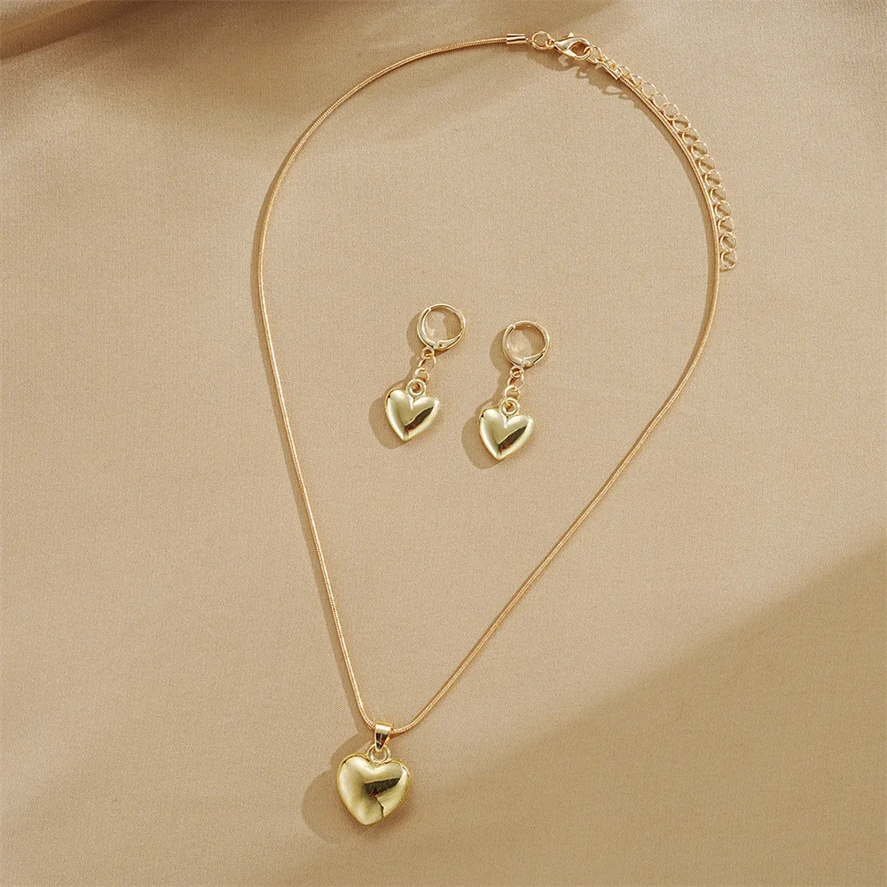 Glossy Gold Plated Metal Love Heart Dangle Earrings Necklace Jewelry Set for Women Simple Dainty Daily Wear Outfit Accessories - Image 4
