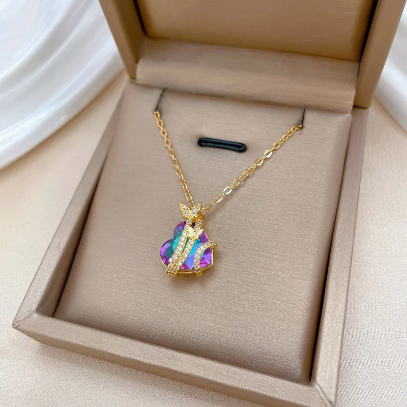 ZAKOL Gorgeous Colorful Zircon Love Heart Pendant Necklace For Women Fashion Stainless Steel Neck Chain Jewelry Gift - Image 4