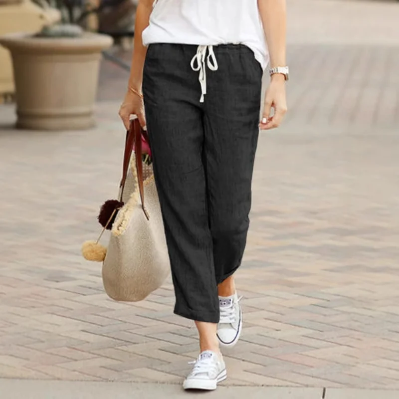 Elegant Solid Drawstring Straight Pants Fashion Women Y2K Pocket Loose Cotton Elastic Waist Baggy Pant Casual Sweatpant Trousers - Image 4