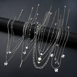 13Pcs/Set Simple Temperament Necklace Set Butterfly Pearl Heart Star Zircon Silver Color Necklace for Women Fashion Jewelry Gift