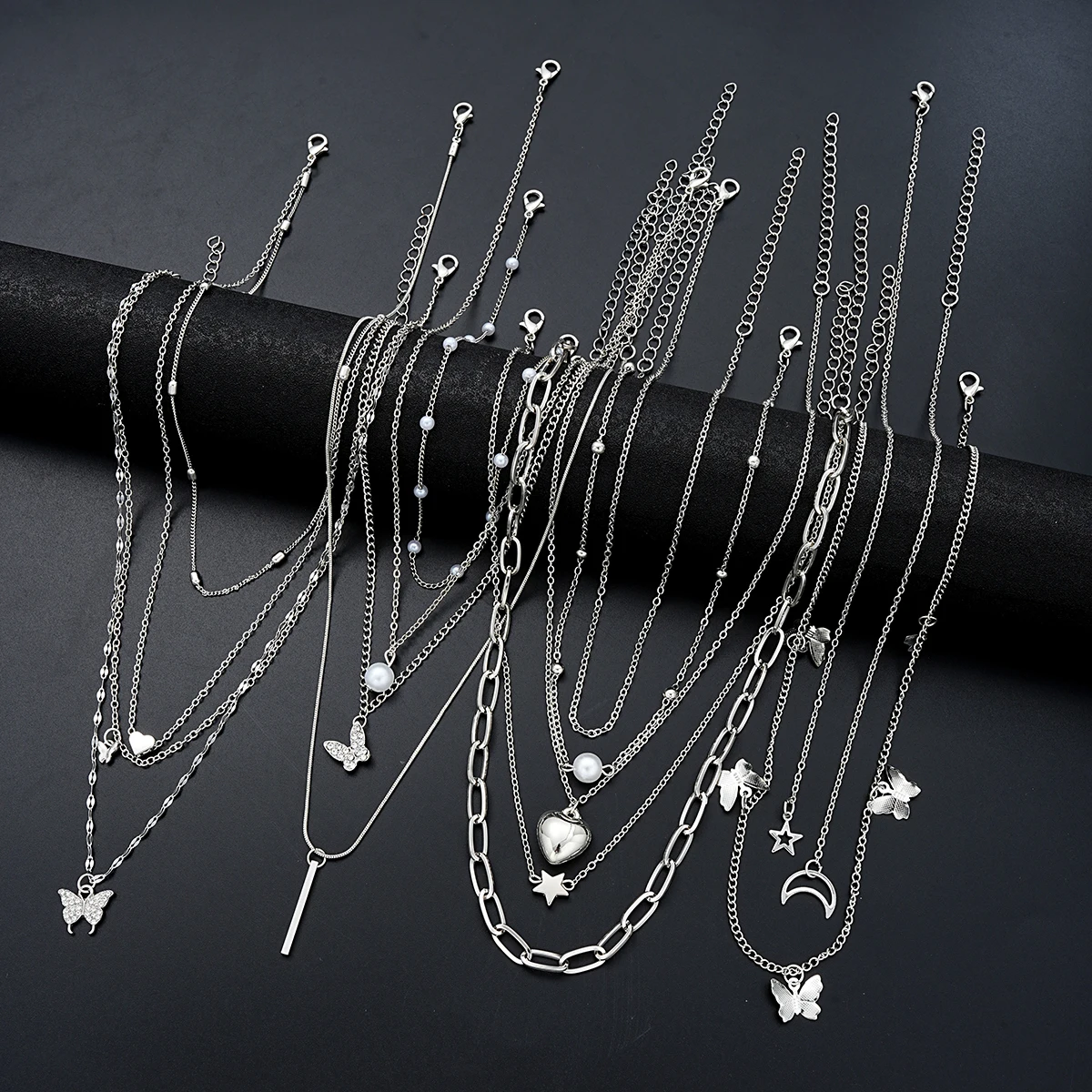13Pcs/Set Simple Temperament Necklace Set Butterfly Pearl Heart Star Zircon Silver Color Necklace for Women Fashion Jewelry Gift