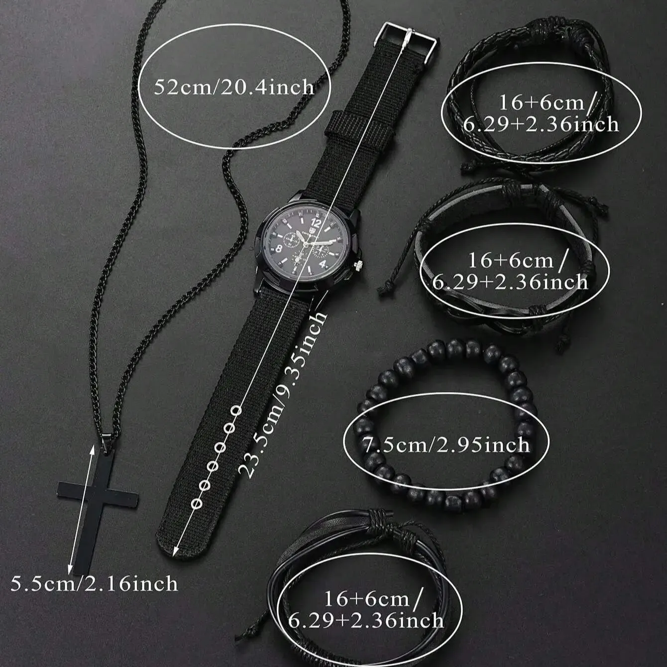 6pcs_Set Fashionable Pu Leather '8' Shape Beaded Bracelet With Mechanical Watch, Cross Pendant Necklace For Men, Black-Colored - Image 5
