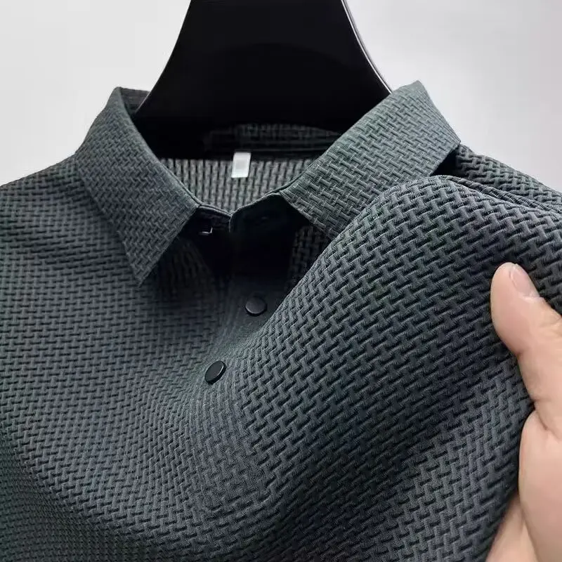 Summer New Men's Lop-up Hollow Short-sleeved Polo Tee Shirt Ice Silk Breathable Business Fashion T-Shirt Male Brand Clothes - Image 4