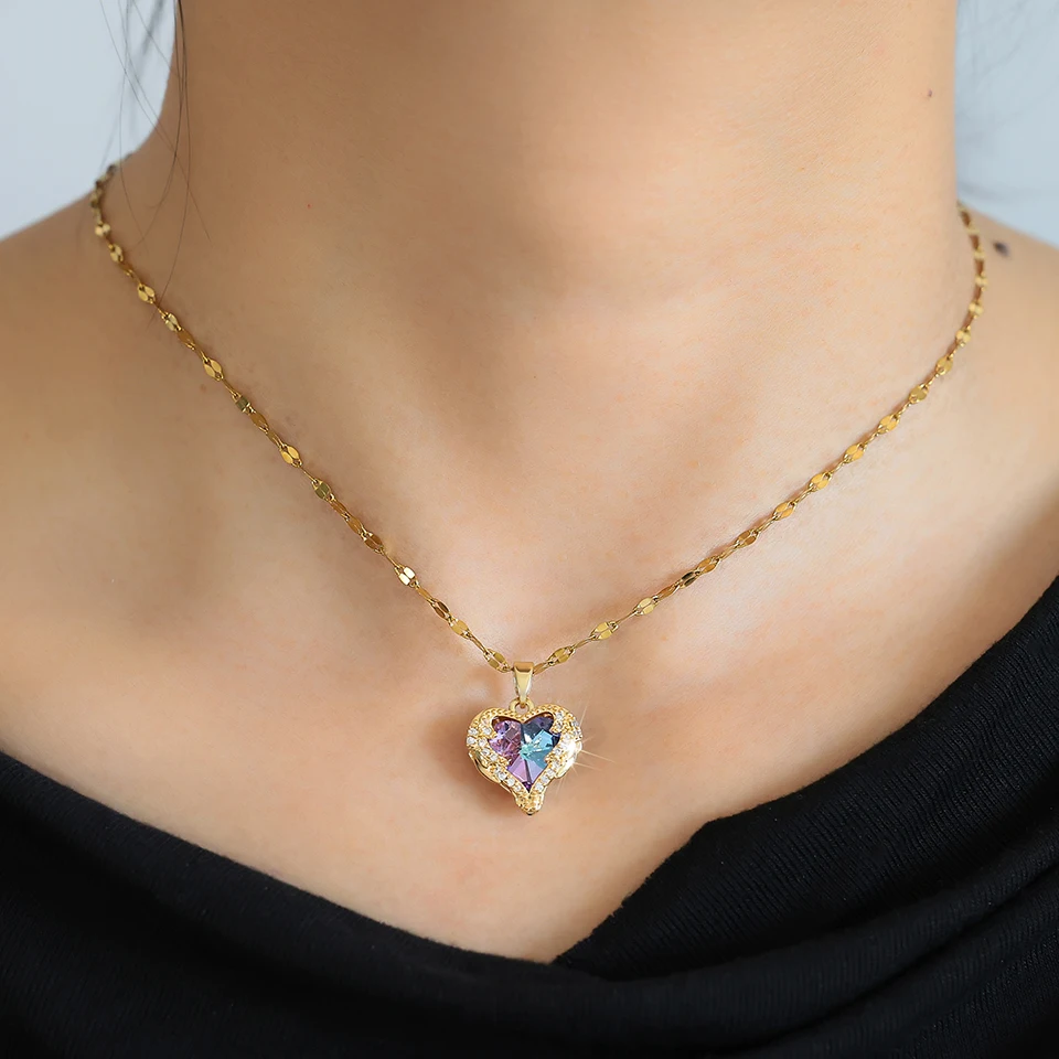 ZAKOL Gorgeous Colorful Zircon Love Heart Pendant Necklace For Women Fashion Stainless Steel Neck Chain Jewelry Gift - Image 5