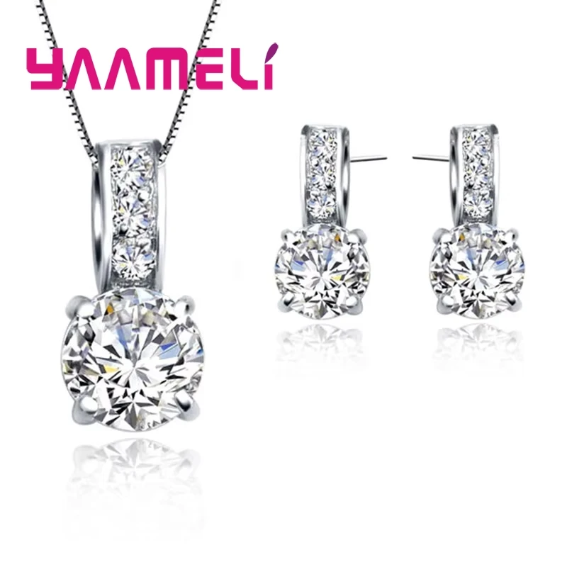 925 Sterling Silver Color Bridal Jewelry Set Classic Cubic Zircon Crystal Pendant Necklace Stud Earrings for Women Girls Gift - Image 8