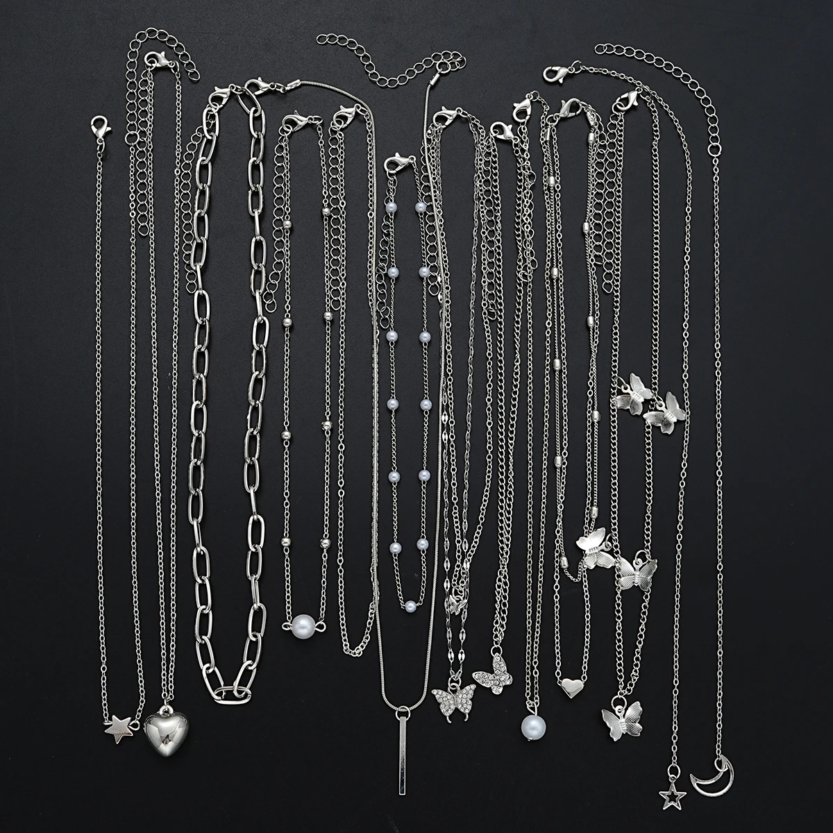 13Pcs/Set Simple Temperament Necklace Set Butterfly Pearl Heart Star Zircon Silver Color Necklace for Women Fashion Jewelry Gift - Image 6