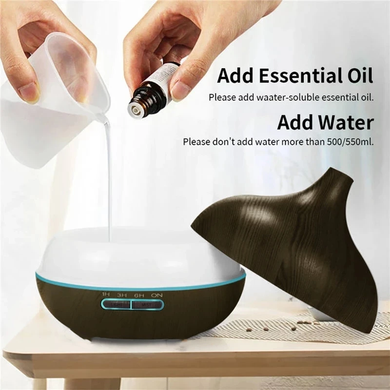 550ml Wood Color USB Aroma Diffuser, Essential Oil Diffuser with 7 Color LED Lights & Remote Control, USB Powered Air Humidifier - Image 4