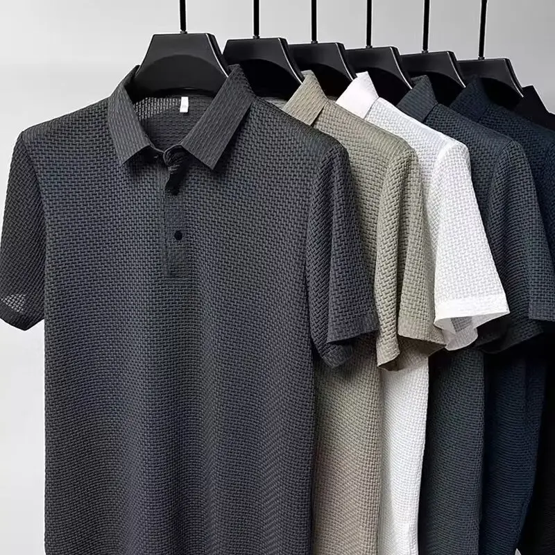 Summer New Men's Lop-up Hollow Short-sleeved Polo Tee Shirt Ice Silk Breathable Business Fashion T-Shirt Male Brand Clothes - Image 2