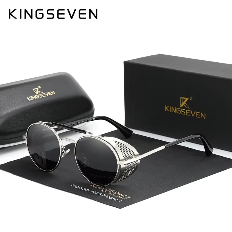 KINGSEVEN Retro Gothic Steampunk Sunglasses Polarized UV400 Men Women Fashion Vintage Eyewear Round Frame Fishing Male Glasses - Image 2