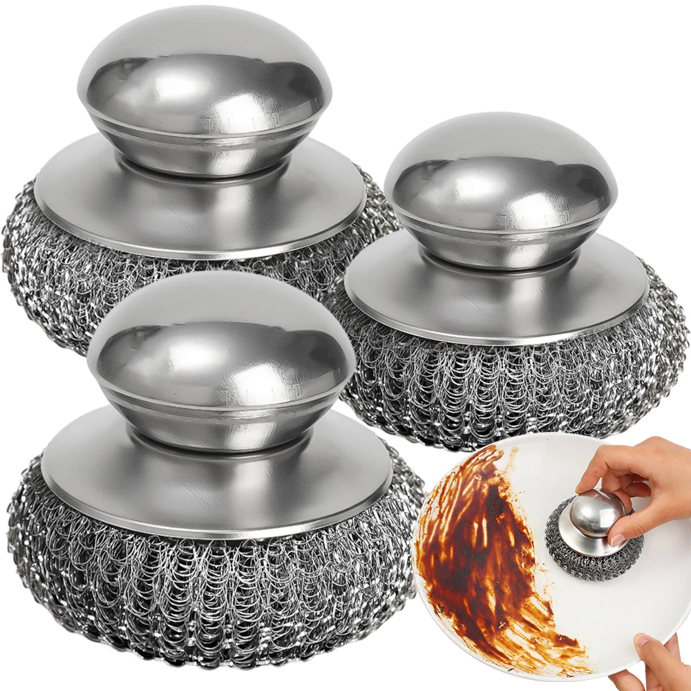 1-10PCS Stainless Steel Pot Brush with Handle Heavy Duty Dishwashing Wire Ball Metal Scrubber for Home Kitchen Cleaning Tool - Image 2