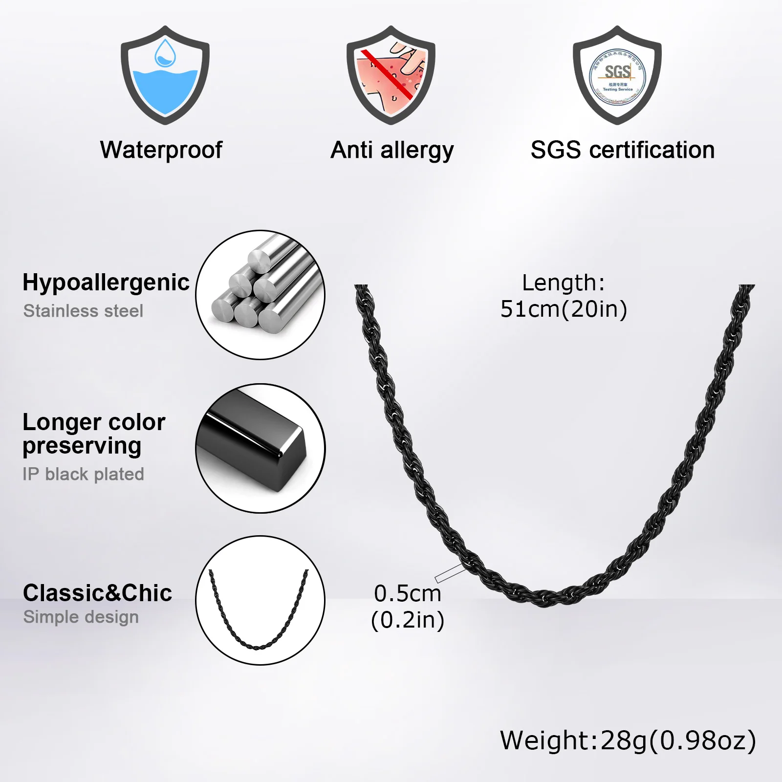 Ropes Long Necklace for Men Women,Stainless Steel Minimalist Twist Rope Chain Necklace,Punk Gold Silver Black Color 2 TO 5mm - Image 6