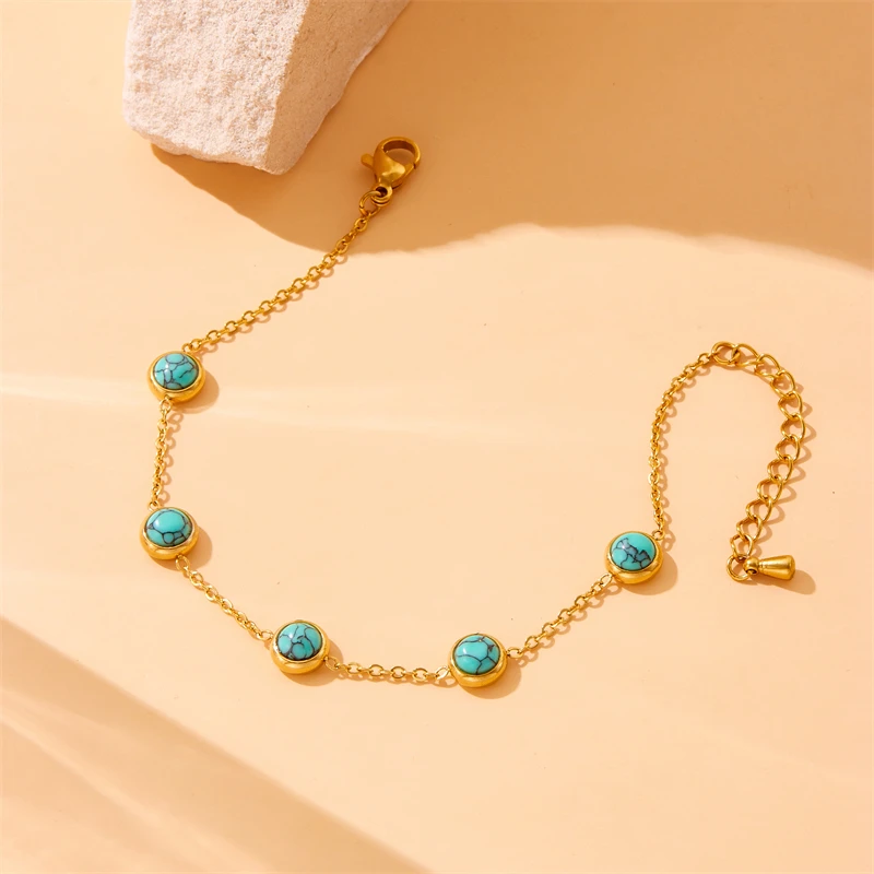 DIEYURO 316L Stainless Steel Round Turquoise Necklace Bracelet Earrings Suit For Womens 2024 New TrendNon-fadingjewelry Set - Image 9